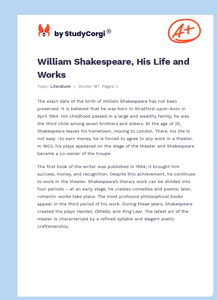 William Shakespeare, His Life and Works. Page 1