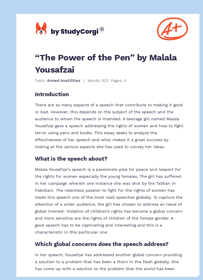 “The Power of the Pen” by Malala Yousafzai. Page 1