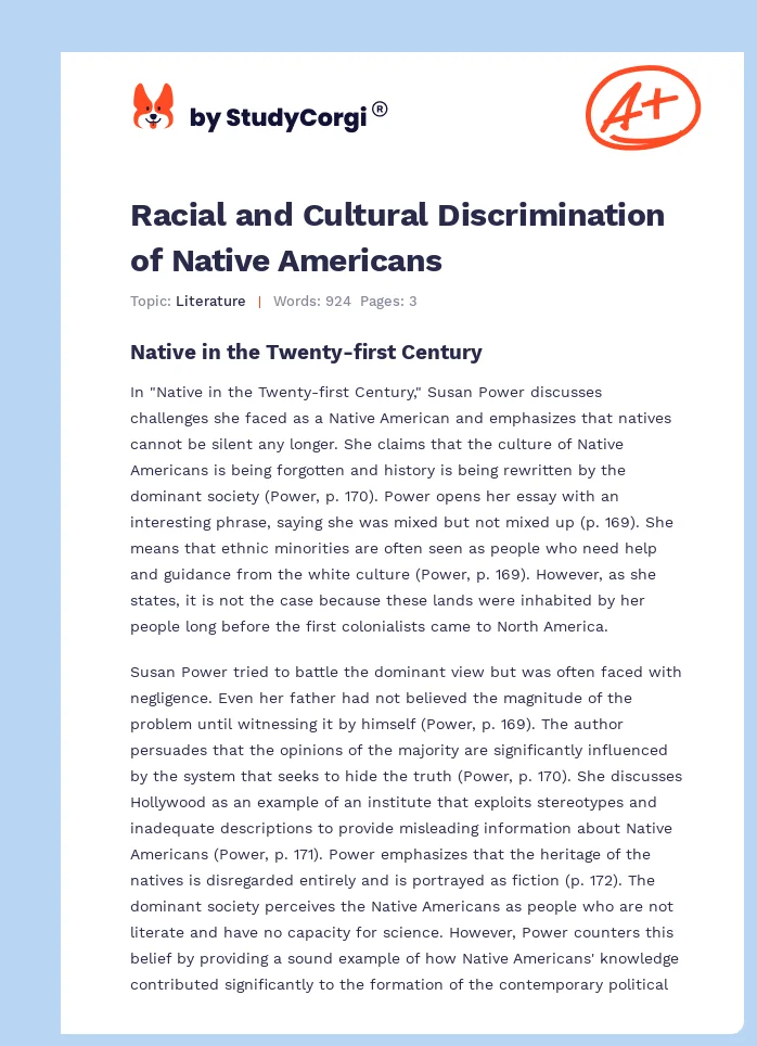 Racial and Cultural Discrimination of Native Americans. Page 1