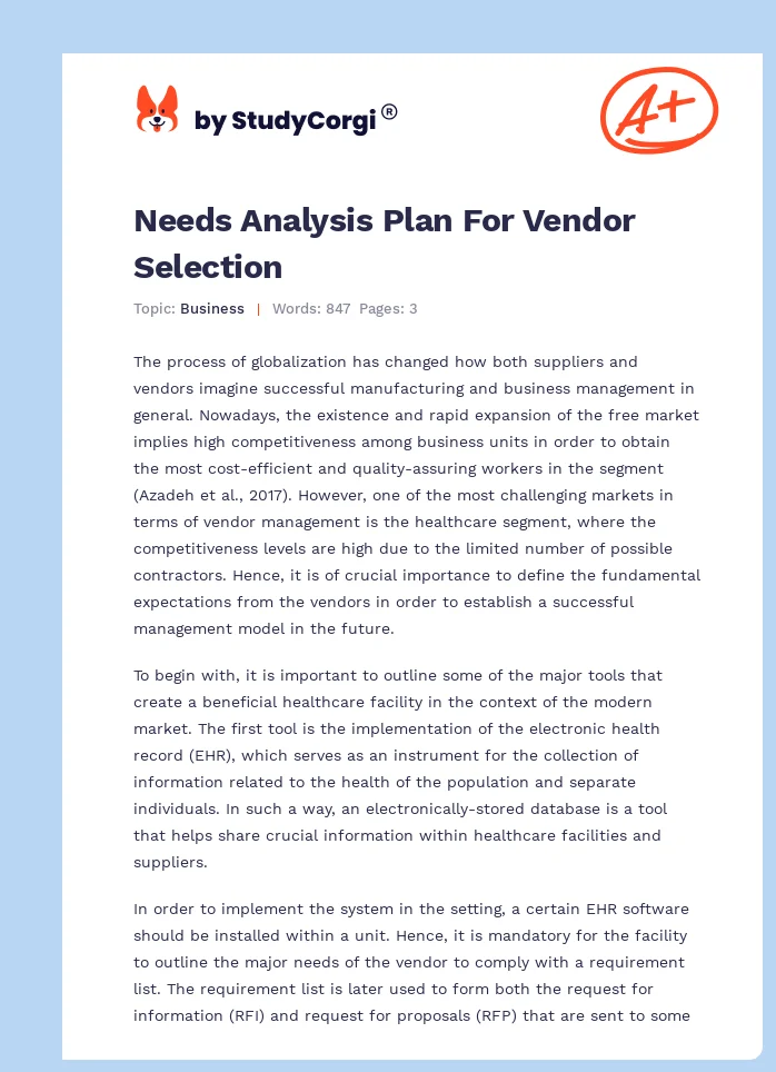 Needs Analysis Plan For Vendor Selection. Page 1
