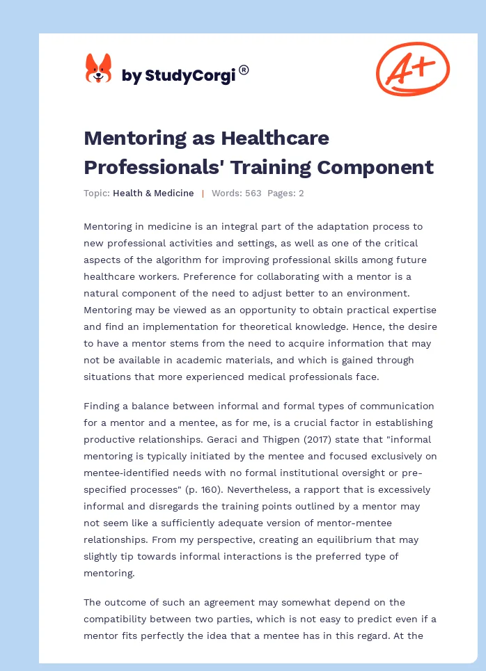 Mentoring as Healthcare Professionals' Training Component. Page 1