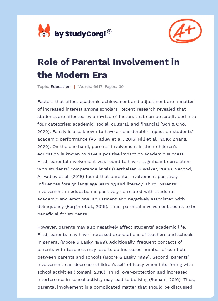 Role of Parental Involvement in the Modern Era. Page 1