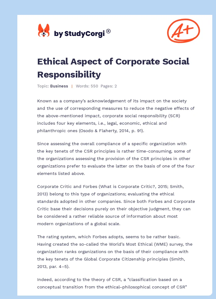 Ethical Aspect of Corporate Social Responsibility. Page 1