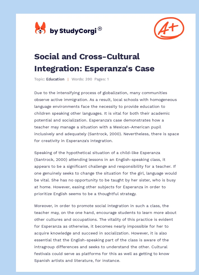Social and Cross-Cultural Integration: Esperanza's Case. Page 1