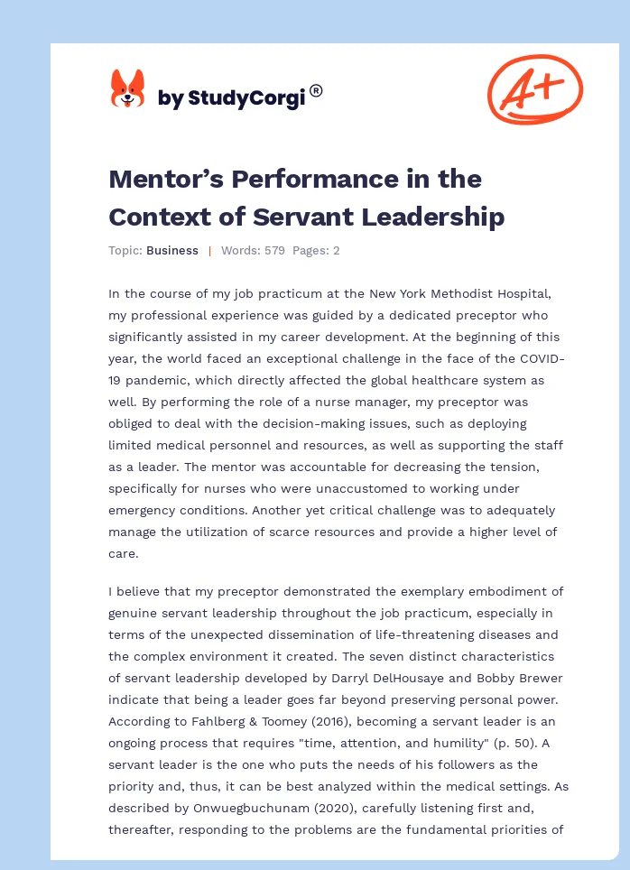 Mentor’s Performance in the Context of Servant Leadership. Page 1