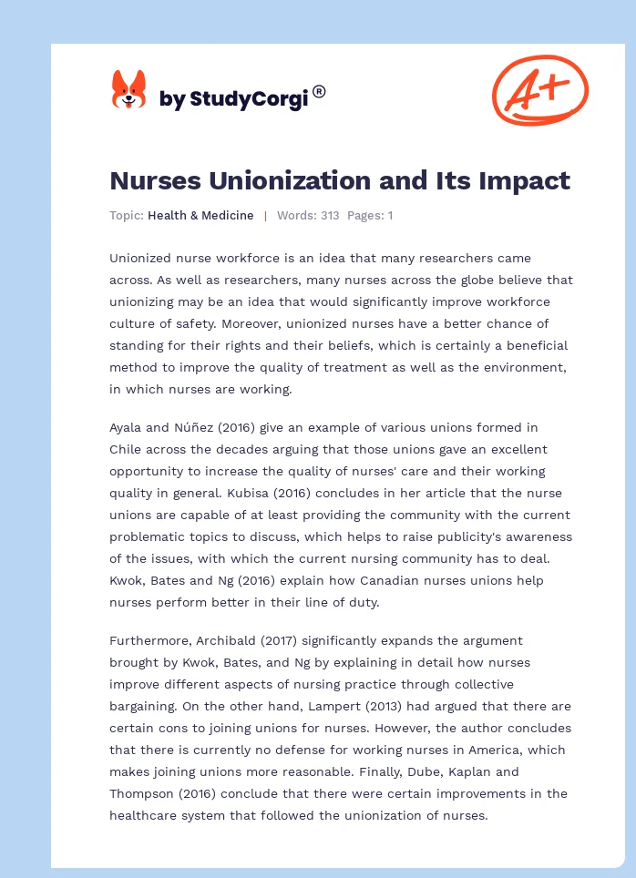 Nurses Unionization and Its Impact. Page 1