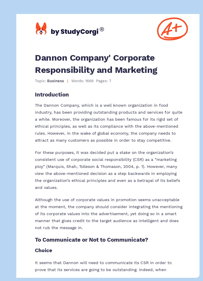 Dannon Company' Corporate Responsibility and Marketing. Page 1