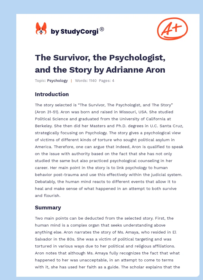 The Survivor, the Psychologist, and the Story by Adrianne Aron. Page 1