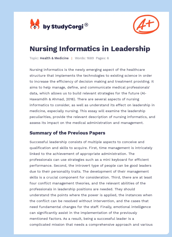 Nursing Informatics in Leadership. Page 1