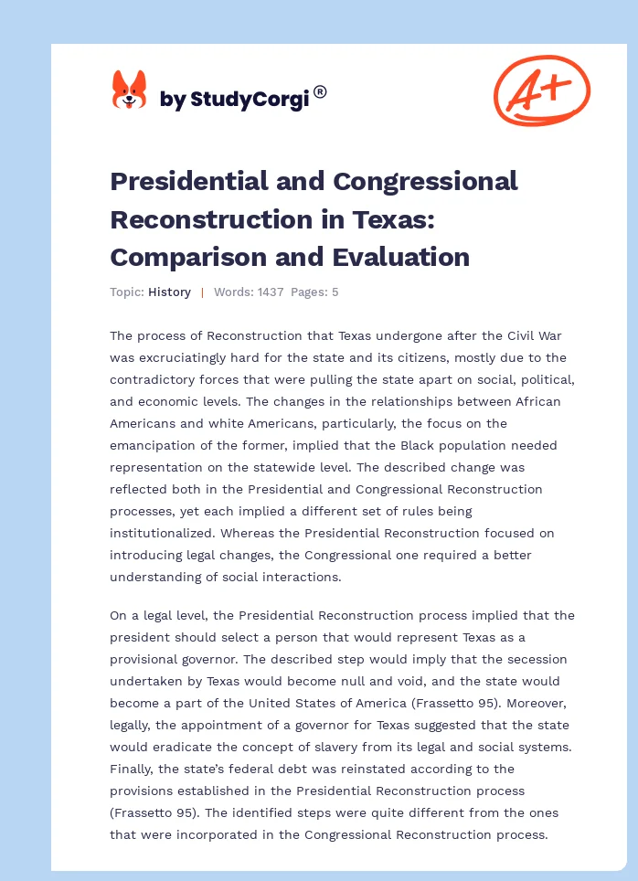 Presidential and Congressional Reconstruction in Texas: Comparison and Evaluation. Page 1