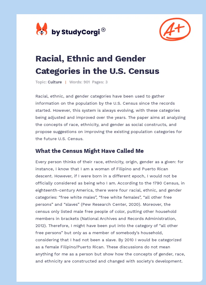 Racial, Ethnic and Gender Categories in the U.S. Census. Page 1