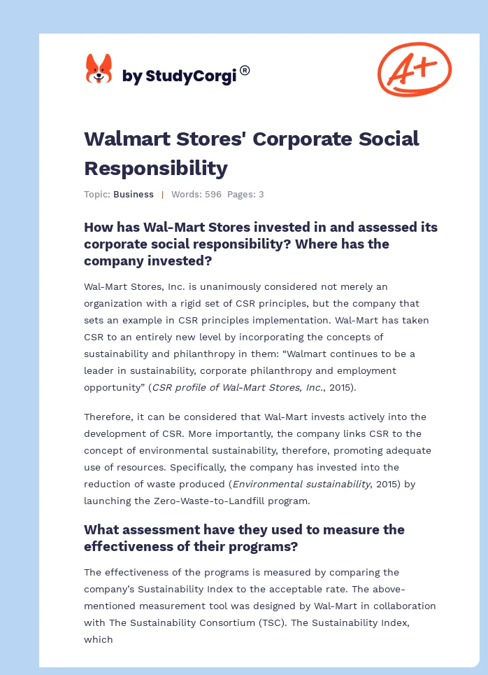 Walmart Stores' Corporate Social Responsibility. Page 1