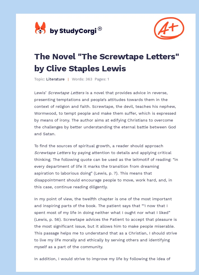 The Novel "The Screwtape Letters" by Clive Staples Lewis. Page 1