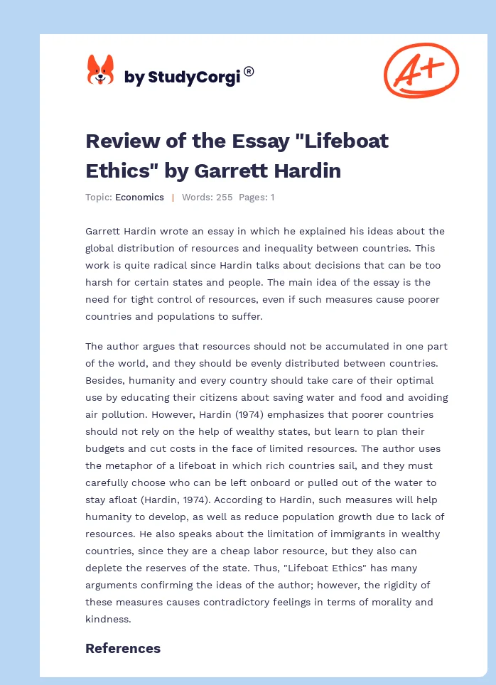 Review of the Essay "Lifeboat Ethics" by Garrett Hardin. Page 1
