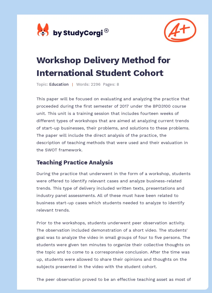 Workshop Delivery Method for International Student Cohort. Page 1