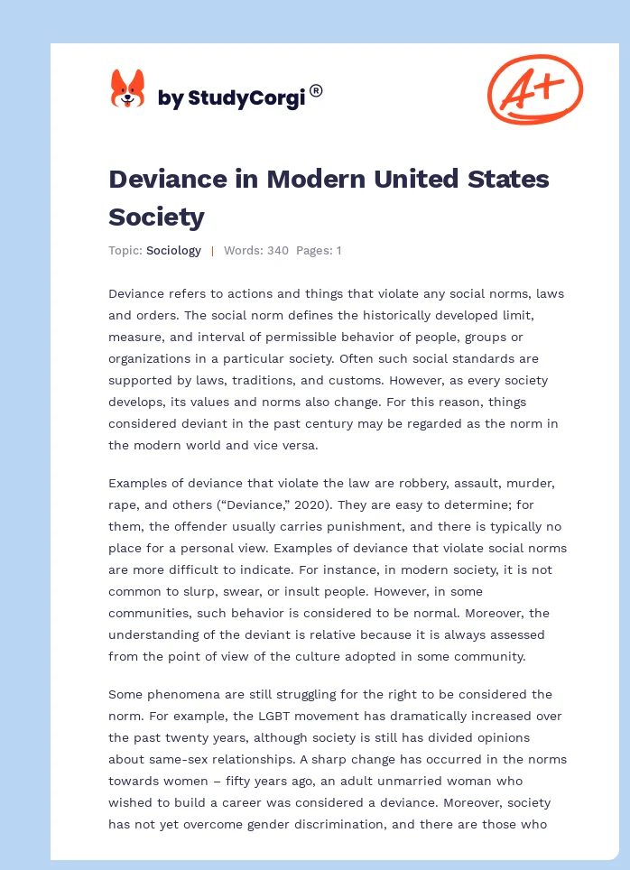 Deviance in Modern United States Society. Page 1