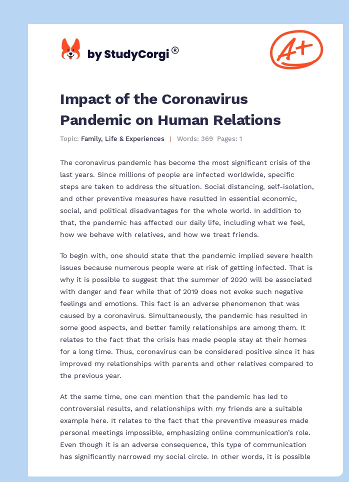 Impact of the Coronavirus Pandemic on Human Relations. Page 1