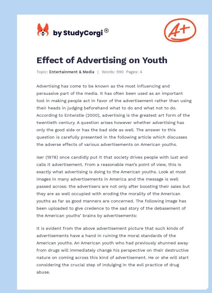 Effect of Advertising on Youth. Page 1
