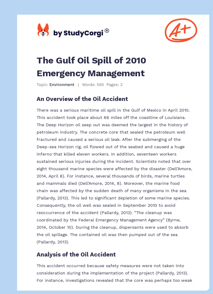 The Gulf Oil Spill of 2010 Emergency Management. Page 1
