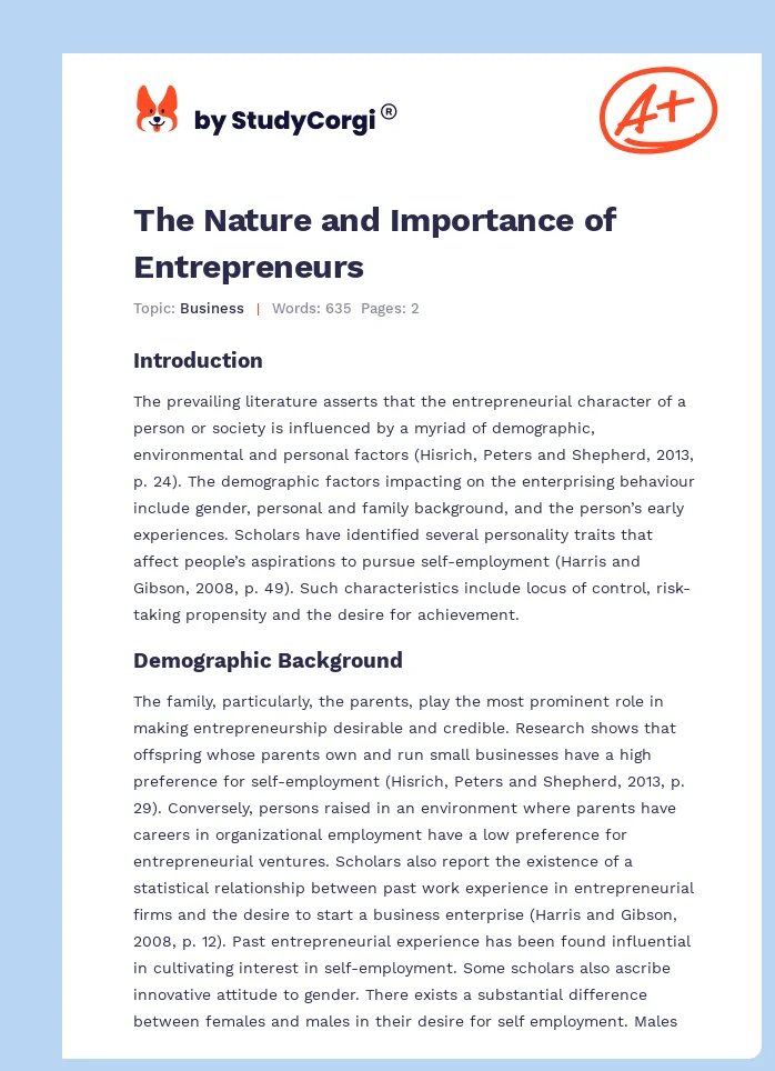 The Nature and Importance of Entrepreneurs. Page 1