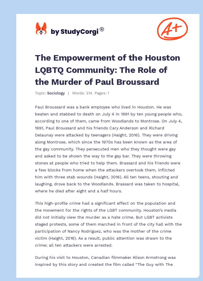 The Empowerment of the Houston LQBTQ Community: The Role of the Murder of Paul Broussard. Page 1