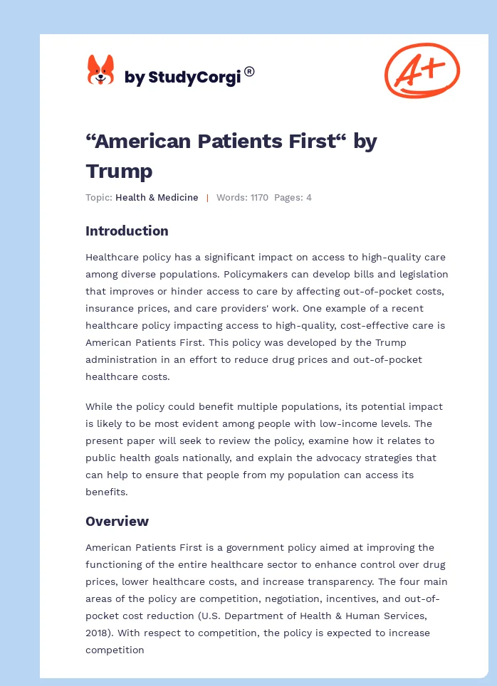 “American Patients First“ by Trump. Page 1