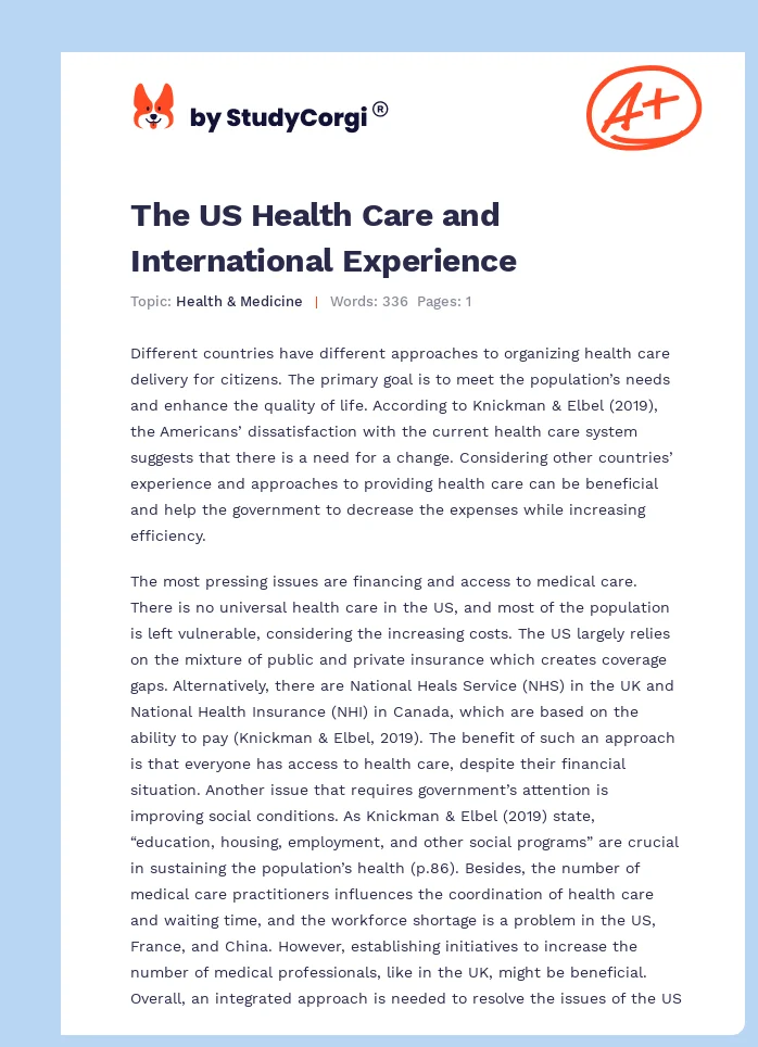 The US Health Care and International Experience. Page 1