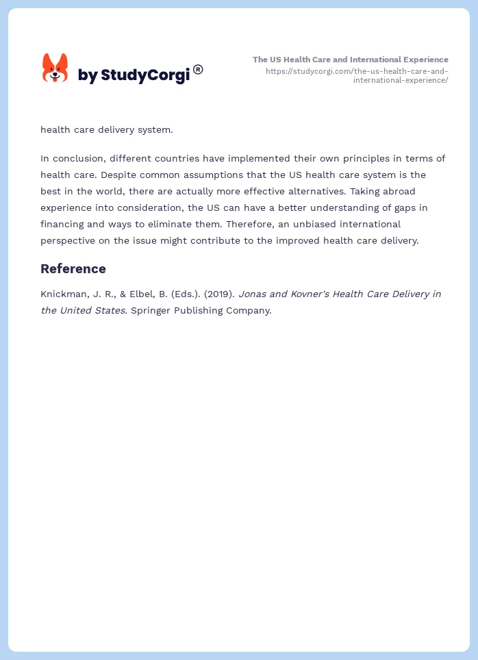 The US Health Care and International Experience. Page 2