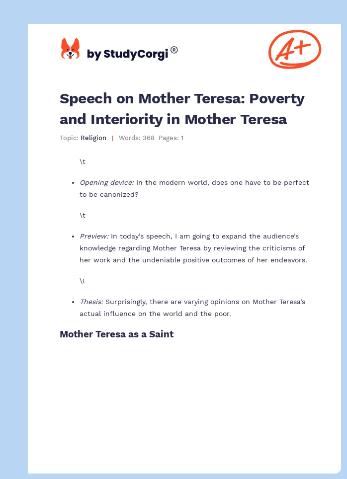 Speech on Mother Teresa: Poverty and Interiority in Mother Teresa. Page 1