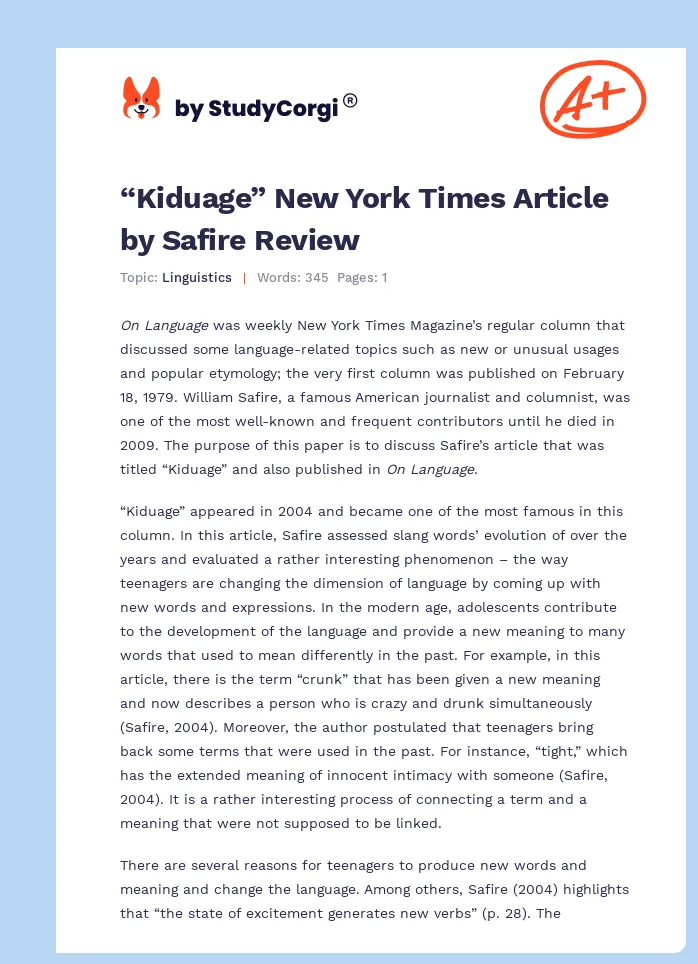 “Kiduage” New York Times Article by Safire Review. Page 1