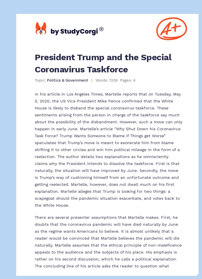 President Trump and the Special Coronavirus Taskforce. Page 1