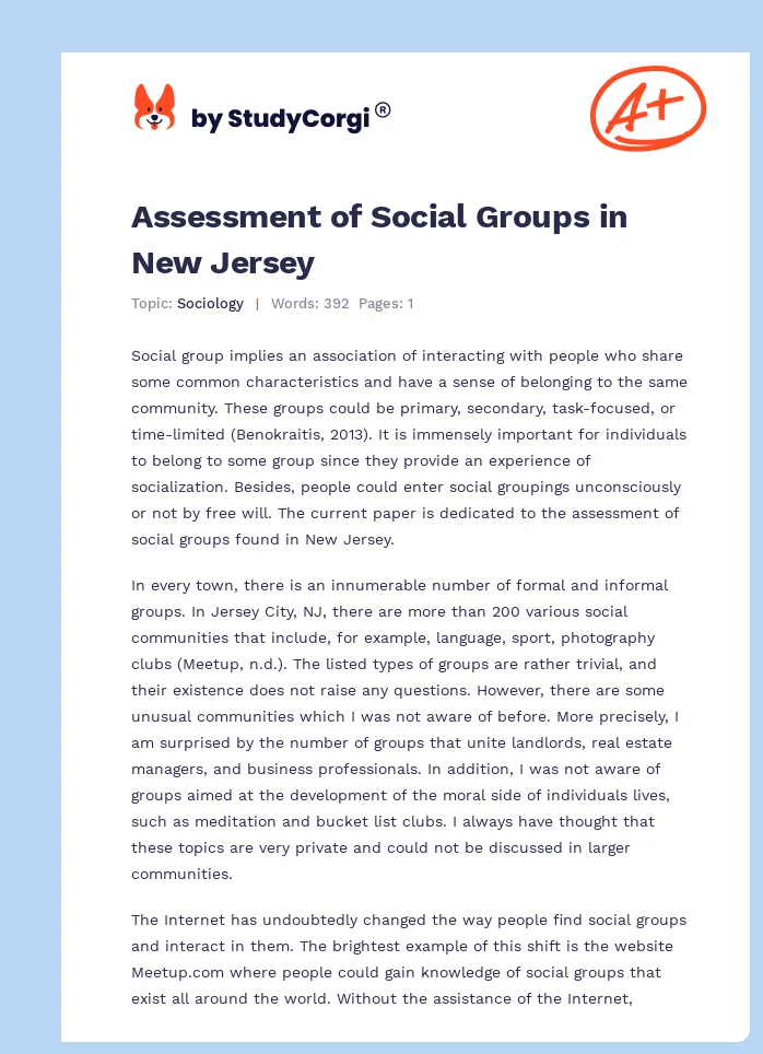 Assessment of Social Groups in New Jersey. Page 1
