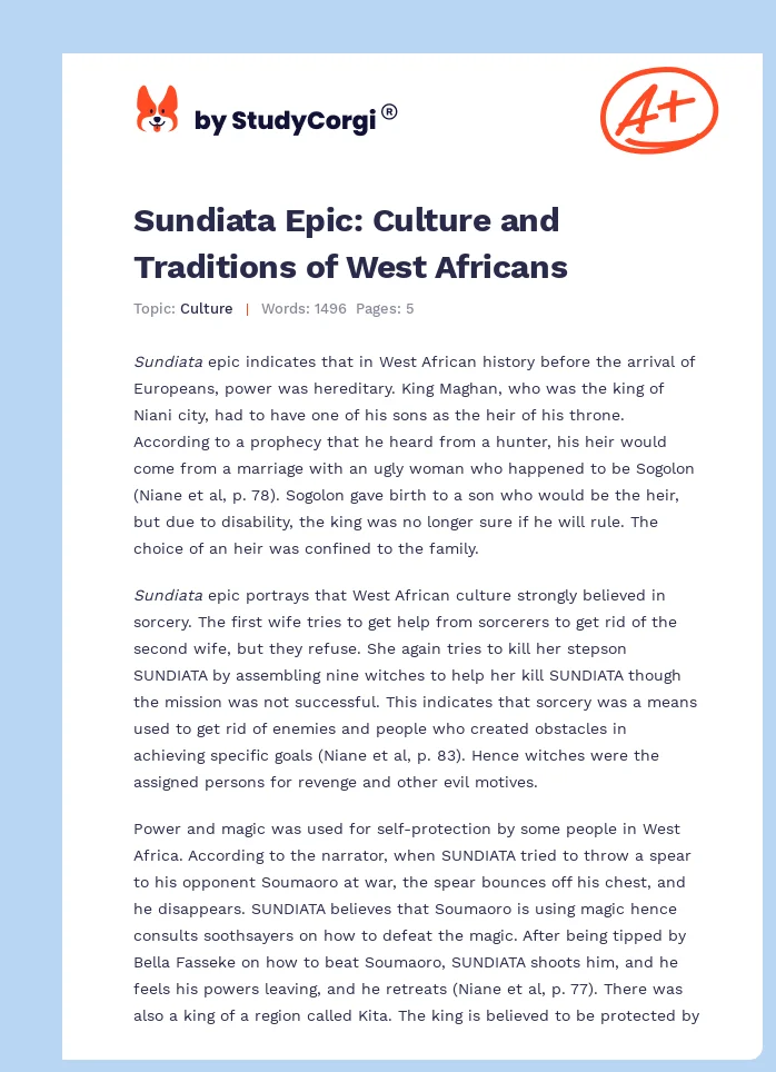 Sundiata Epic: Culture and Traditions of West Africans. Page 1