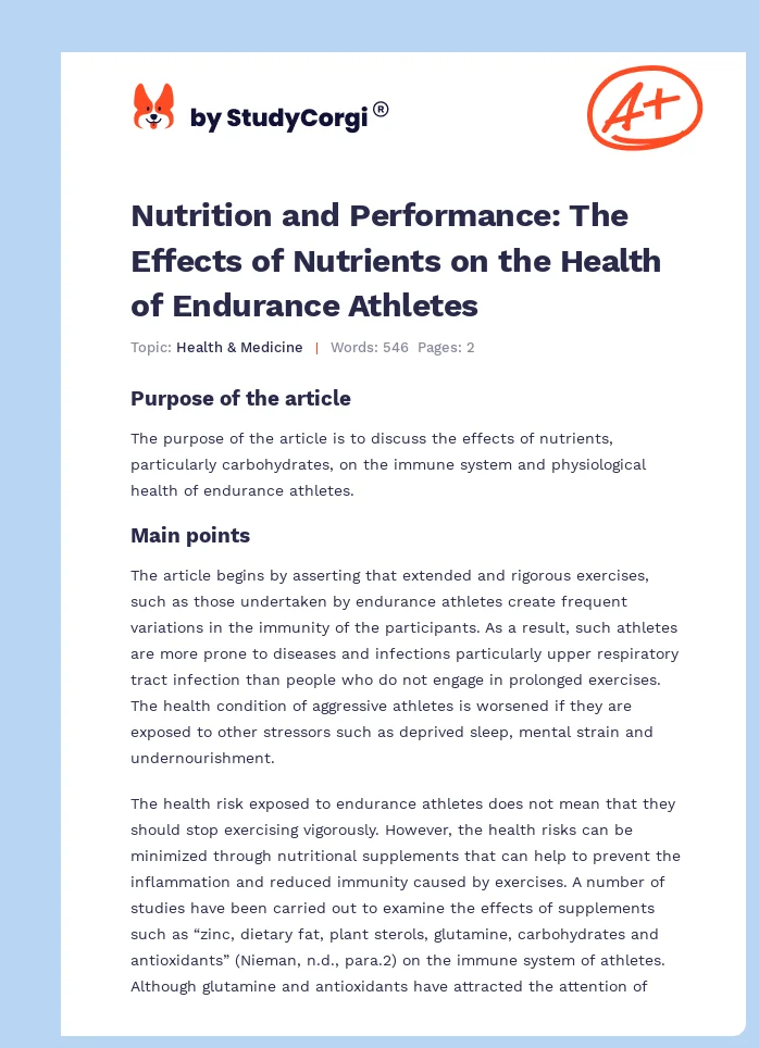 Nutrition and Performance: The Effects of Nutrients on the Health of Endurance Athletes. Page 1