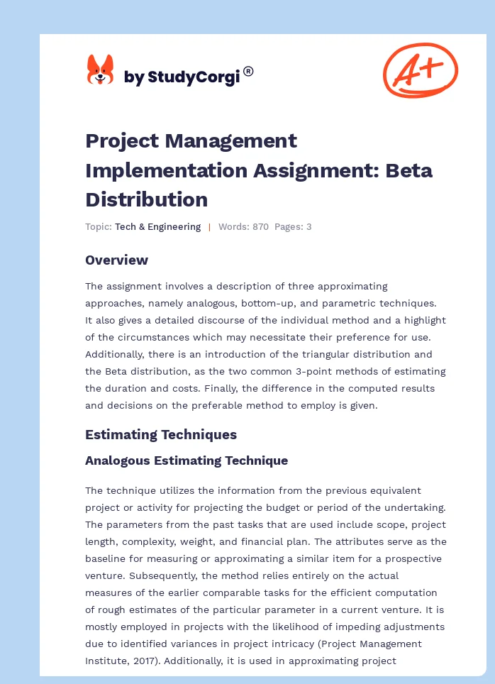 Project Management Implementation Assignment: Beta Distribution. Page 1