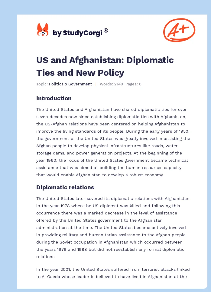 US and Afghanistan: Diplomatic Ties and New Policy. Page 1