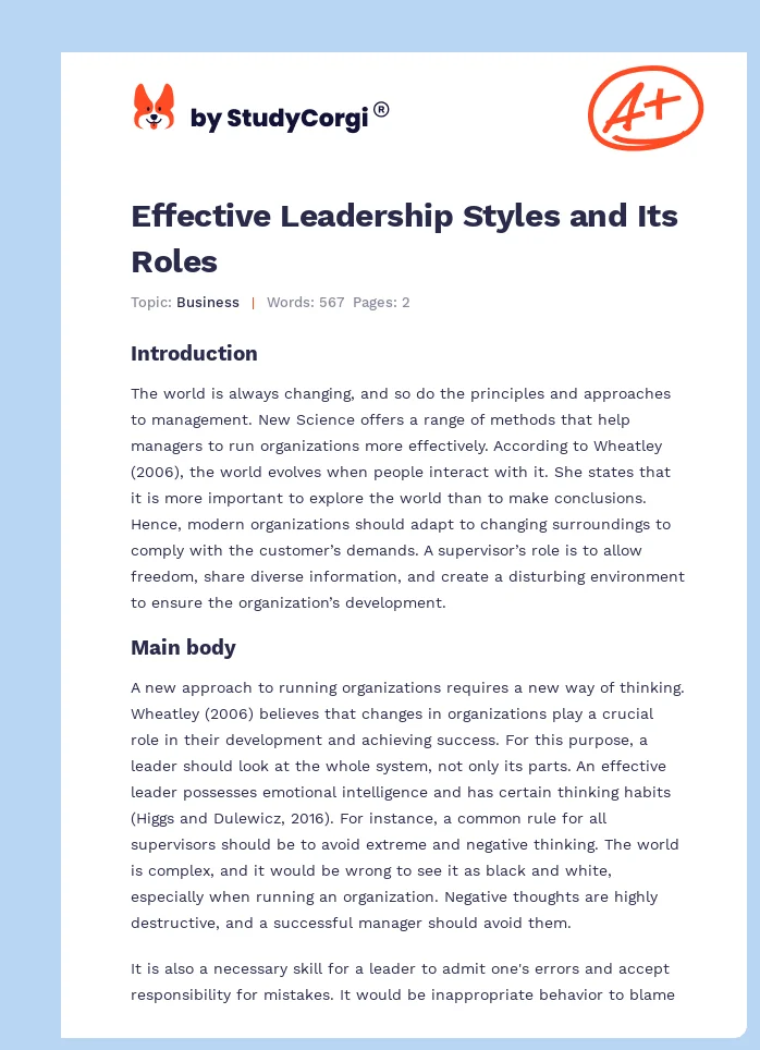 Effective Leadership Styles and Its Roles. Page 1