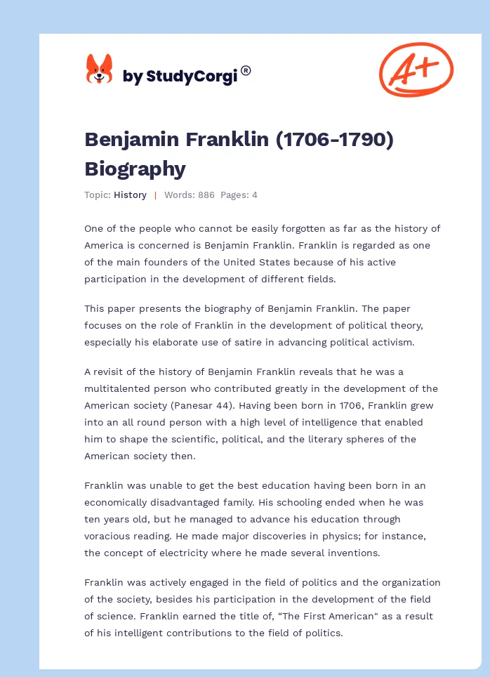 Benjamin Franklin (1706-1790) Biography. Page 1