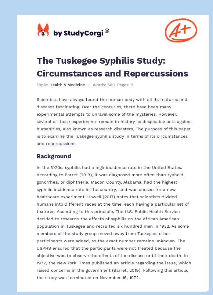 The Tuskegee Syphilis Study: Circumstances and Repercussions. Page 1