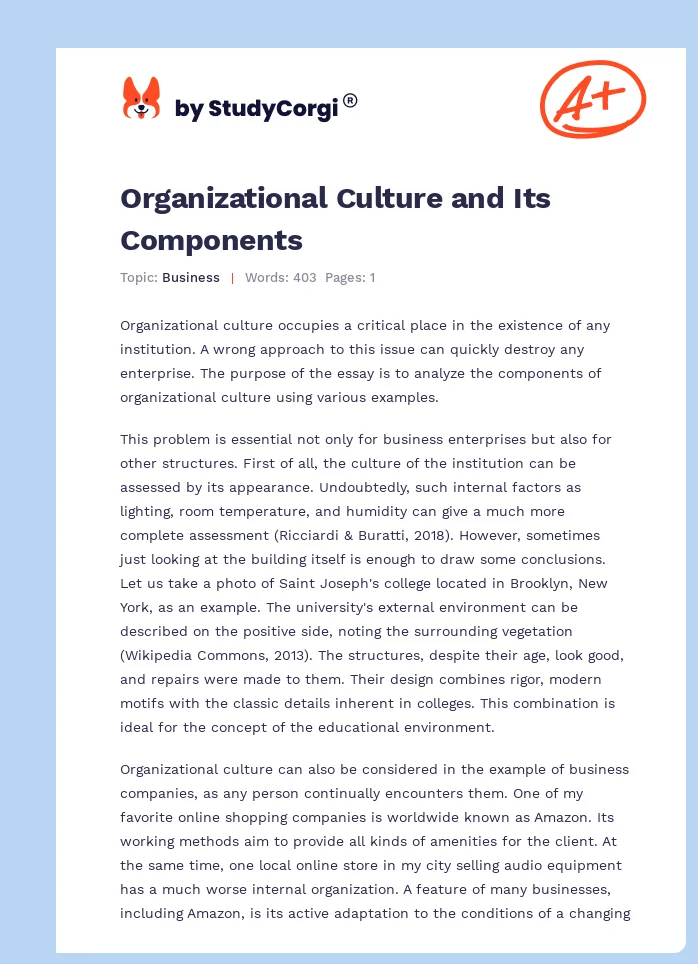 Organizational Culture and Its Components. Page 1