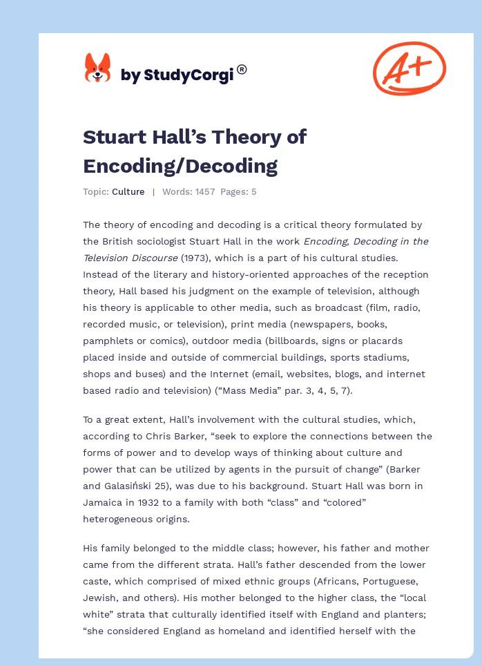 Stuart Hall’s Theory of Encoding/Decoding. Page 1