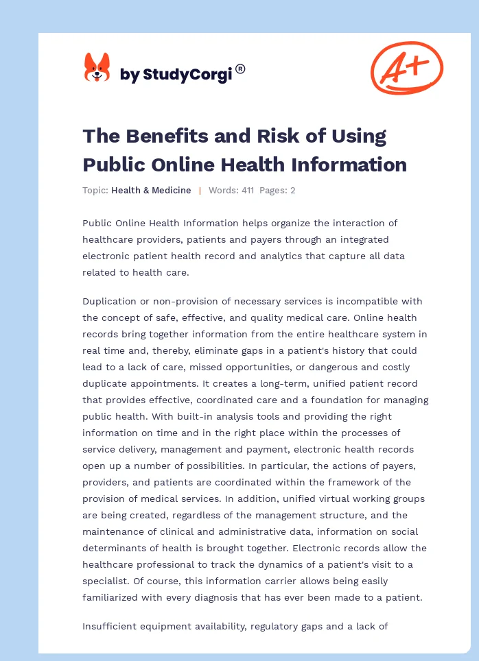 The Benefits and Risk of Using Public Online Health Information. Page 1