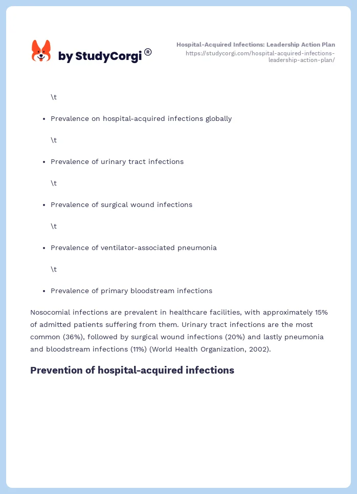 Hospital-Acquired Infections: Leadership Action Plan. Page 2