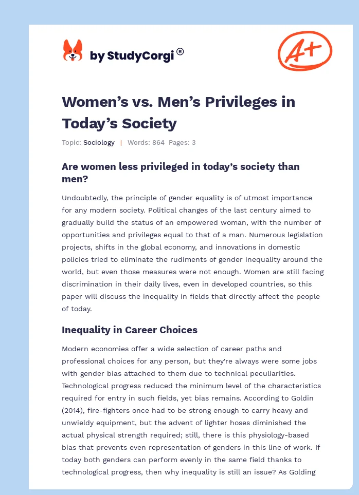 Women’s vs. Men’s Privileges in Today’s Society. Page 1