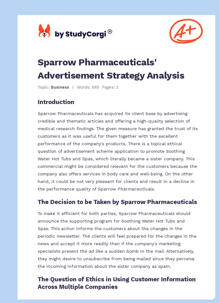 Sparrow Pharmaceuticals' Advertisement Strategy Analysis. Page 1