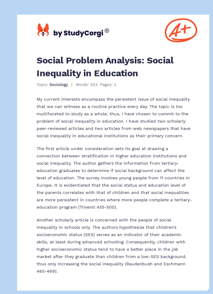 Social Problem Analysis: Social Inequality in Education. Page 1