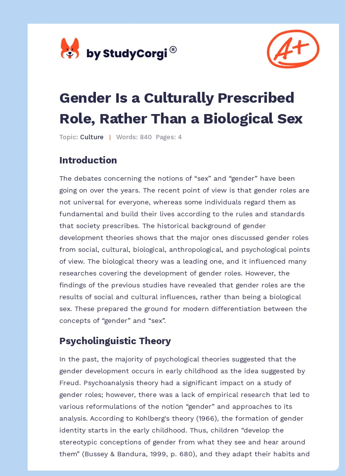 Gender Is a Culturally Prescribed Role, Rather Than a Biological Sex. Page 1