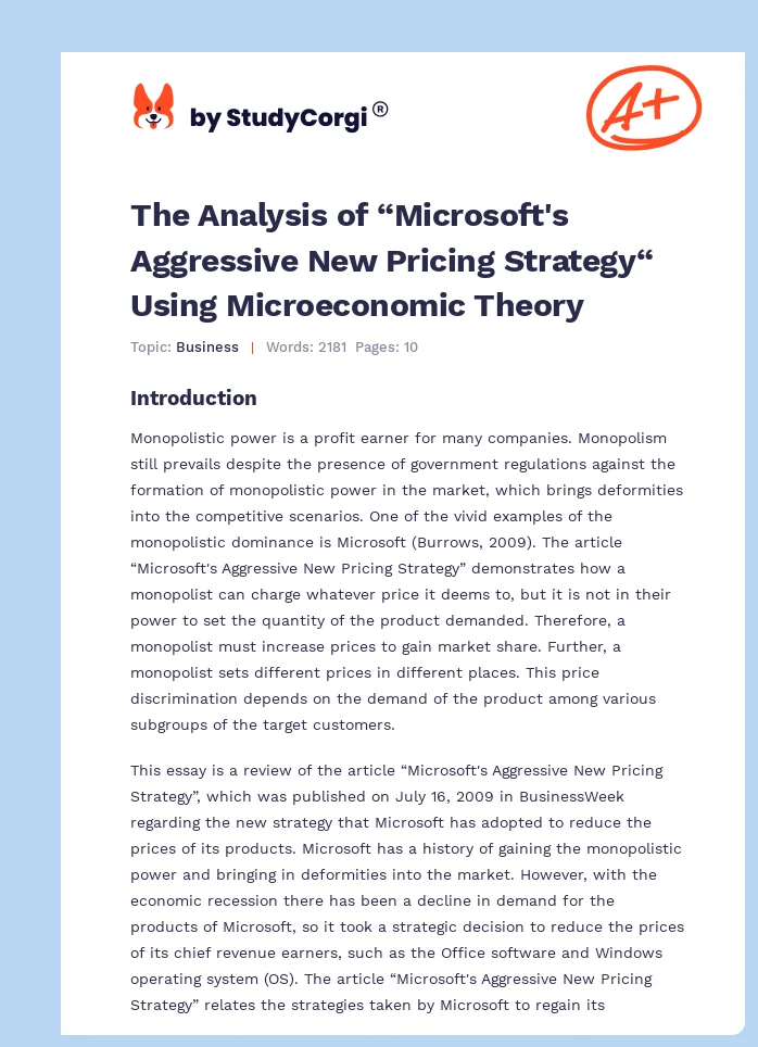 The Analysis of “Microsoft's Aggressive New Pricing Strategy“ Using Microeconomic Theory. Page 1