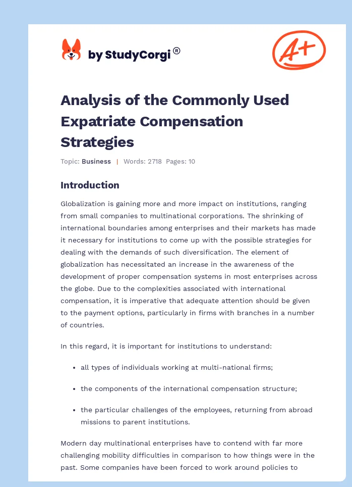 Analysis of the Commonly Used Expatriate Compensation Strategies. Page 1