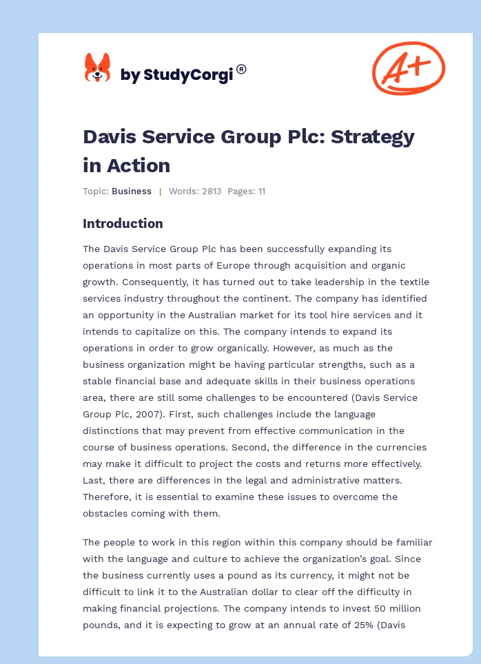 Davis Service Group Plc: Strategy in Action. Page 1